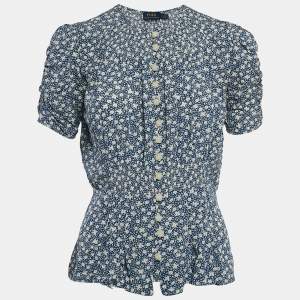 Pre Owned Polo Ralph Lauren Blue Floral Crepe Smocked Blouse M