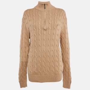 Pre Owned Polo Ralph Lauren Beige Cable Knit High Neck Sweater L