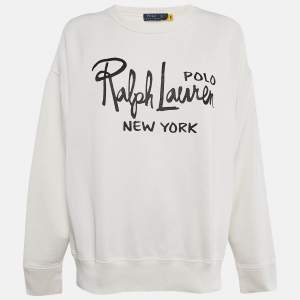 Pre Owned Polo Ralph Lauren White Logo Print Cotton Crew Neck Sweatshirt XL