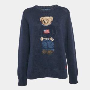 Pre Owned Polo Ralph Lauren Blue Bear Intarsia Cotton Knit Sweater L 