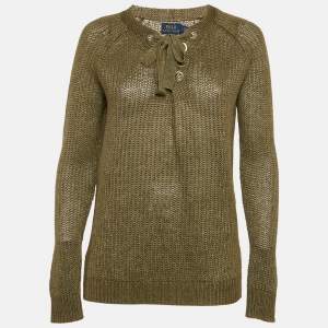 Polo Ralph Lauren Green Linen Rib Knit Lace-Up Sheer Sweater S
