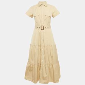 Polo Ralph Lauren Beige Belted Button Front Tiered Midi Dress S