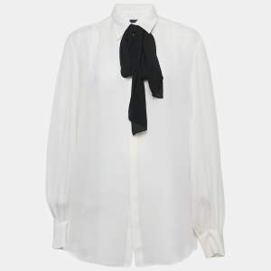 Polo Ralph Lauren Off-White Crepe Neck Tie-Up Button Front Blouse XL