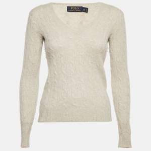 Pre Owned Polo Ralph Lauren Off-White Cable Knit V-Neck Sweater XS