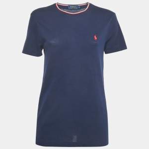 Pre Owned Polo Ralph Lauren Navy Blue Logo Embroidered Cotton Crewneck T-Shirt S