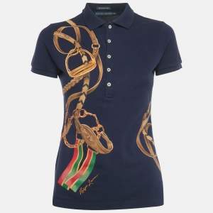 Pre Owned Ralph Lauren Navy Blue Belt Chain Print Cotton Skinny Polo T-Shirt S