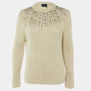 Pre Owned Polo Ralph Lauren Ecru Lurex Knit Embellished Jumper S