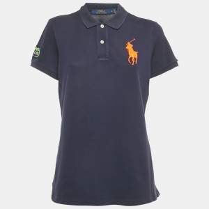 Pre Owned Polo Ralph Lauren Navy Blue Logo Embroidered Cotton Polo T-Shirt L