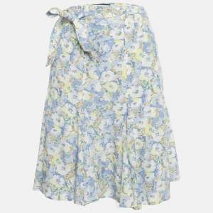 Pre Owned Polo Ralph Lauren Blue/White Floral Print Crepe Wrap Skirt XL
