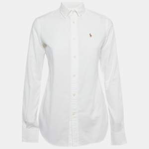 Pre Owned Polo Ralph Lauren White Logo Embroidered Cotton Slim Fit Shirt S