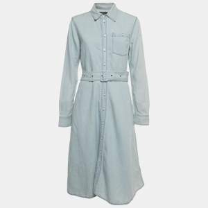 Pre Owned Polo Ralph Lauren Blue Denim belted Shirt Midi Dress M