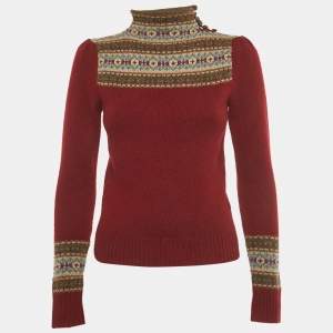 Pre Owned Polo Ralph Lauren Burgundy Intarsia Wool High-Neck Sweater XS