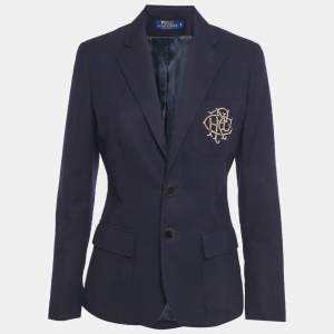 Pre Owned Polo Ralph Lauren Navy Blue Embroidered Wool Single Breasted Blazer M 