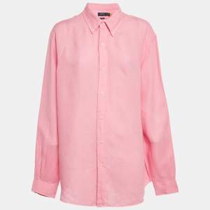 Pre Owned Polo Ralph Lauren Pink Logo Embroidered Linen Shirt XL 