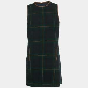 Pre Owned Polo Ralph Lauren Green /Navy Blue Plaid Leather Trim Mini Dress L