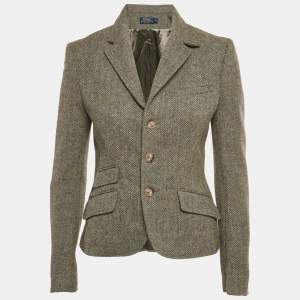 Pre Owned بلايزر بولو رالف لورين صوف منقوش أخضر بصدرية فردية مقاس متوسط (ميديم)