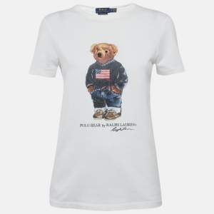Pre Owned تي شيرت بولو رالف لورين أبيض بطبعة تيدي جيرسي مقاس صغير - إكس سمول