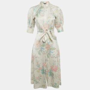 Pre Owned Polo Ralph Lauren Cream Satin Floral Print Belted Dress XS