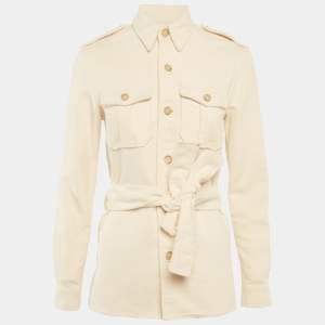 مملوكة مسبقًا قميص جاكيت بولو من رالف لورين قماش فلانيل بيج بحزام مقاس صغير (إكس سمول)