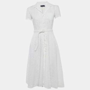 Pre Owned Polo Ralph Lauren White Linen Eyelet Belted Midi Dress XS 