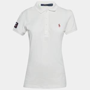 مملوكة مسبقًا قميص تي شيرت بولو رالف لورين أبيض جيرسي بيكيه مقاس متوسط (ميديم)