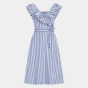 Pre Owned Polo Ralph Lauren White/Blue Striped Cotton Wrap Midi Dress S