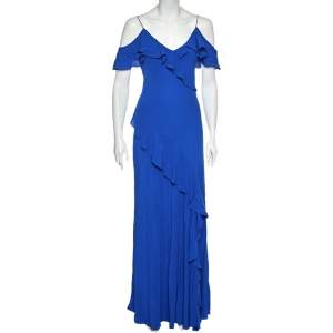 Polo Ralph Lauren Blue Silk Ruffled Trimmed Maxi Dress M