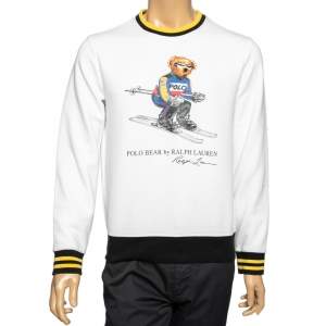 Pre Owned Polo Ralph Lauren White Knit Ski Bear Print Crewneck Sweatshirt S