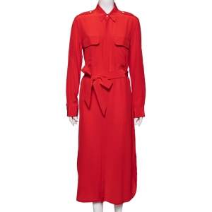 Pre Owned Polo Ralph Lauren Coral Red Silk Crepe De Chine Belted Shirt Dress M