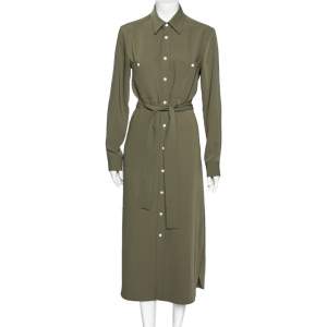 Pre Owned Polo Ralph Lauren Olive Green Crepe Belted Shirt Dress S