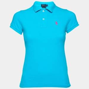 Pre Owned Polo Ralph Lauren Blue Cotton Pique Skinny Fit Polo T-Shirt XS
