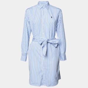 Pre Owned Polo Ralph Lauren Blue Striped Cotton Button Front Belted Shirt Dress M