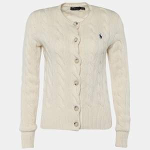 Pre Owned Polo Ralph Lauren Cream Woven Knit Button Front Cardigan XS