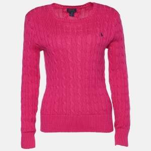 Pre Owned Polo Ralph Lauren Pink Cable Knit Crew Neck Jumper XL