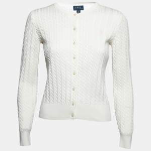 Pre Owned كارديغان بولو رالف لورين تريكو كابل أوف وايت أزرار أمامية مقاس كبير جداً (اكس لارج)