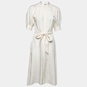 Pre Owned Polo Ralph Lauren White Satin Button Front Belted Maxi Dress S