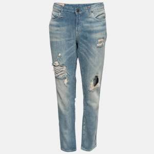 Pre Owned Polo Ralph Lauren Blue Distressed Denim Astor Boyfriend Jeans M Waist 32