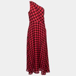 Pre Owned Polo Ralph Lauren Red and Black Checked Crepe Buffalo One Shoulder Dress M 