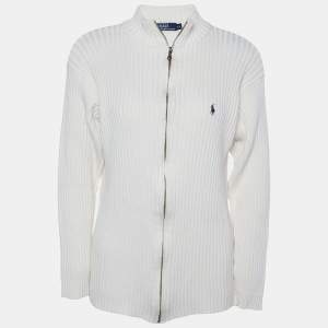 Pre Owned Polo Ralph Lauren Light Beige Cotton Knit Zip Front Sweater XL