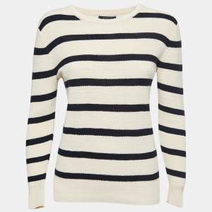 Pre Owned Polo Ralph Lauren Cream/Navy Blue Striped Knit Crew Neck Jumper M
