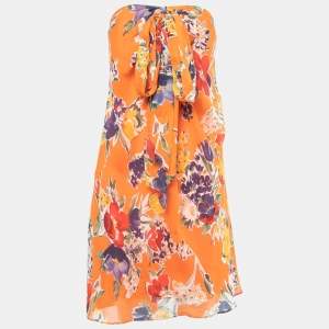 Pre Owned Polo Ralph Lauren Orange Floral Print Silk Strapless Mini Dress M