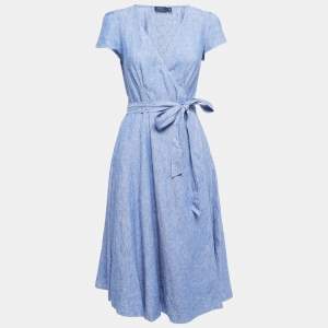 Pre Owned Polo Ralph Lauren Blue Linen Wrap Dress S