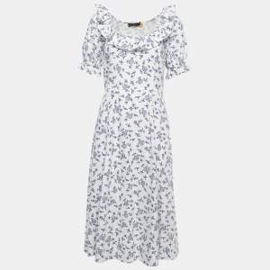Pre Owned Polo Ralph Lauren White Floral Printed Linen Ruffled Midi Dress M