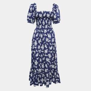 Pre Owned Polo Ralph Lauren Blue Floral Printed Cotton Smocked Maxi Dress M