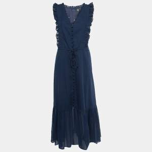 Pre Owned Polo Ralph Lauren Blue Cotton Sleeveless Ruffled Maxi Dress M
