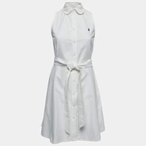Pre Owned Polo Ralph Lauren White Denim Belted Shirt Dress XS