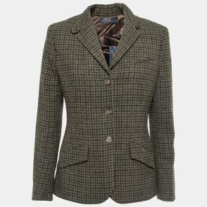 Pre Owned Polo Ralph Lauren Green Houndstooth Wool Button Front Blazer M