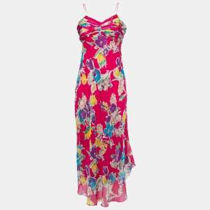 Pre Owned Polo Ralph Lauren Pink Floral Silk Spaghetti Strap Midi Dress S