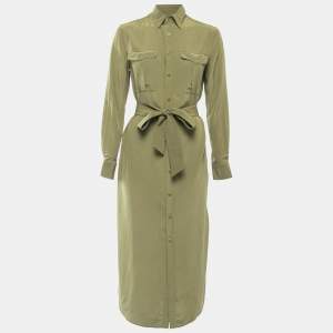 Pre Owned Polo Ralph Lauren Green Silk Button Front Belted Midi Dress S