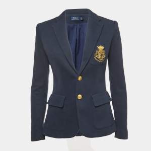Polo Ralph Lauren Navy Blue Crest Embroidered Cotton Blend Single Breasted Blazer S